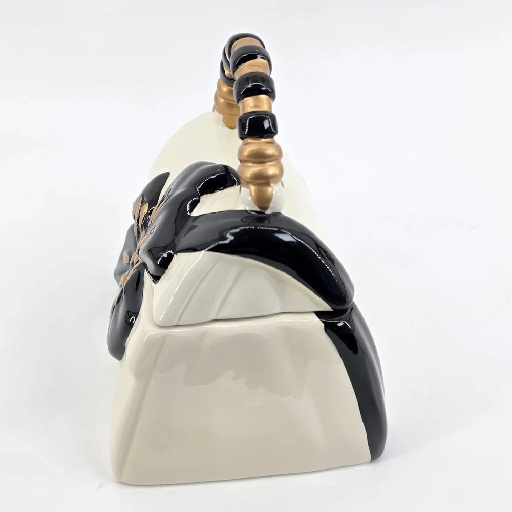 David's Cookies Black & Gold Ribbon Cream Purse Ceramic Cookie Jar 6 1/2